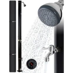 AREBOS Douche Solaire 20 Litres 221cm Avec Thermomètre Intégré Pommeau De Douche Rond Avec Douche De Pied Douche De Jardin Avec Raccord Pour Tuyau D'arrosage Technologie Snap-in Noir