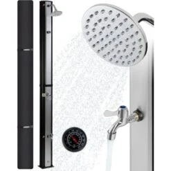 AREBOS Douche Solaire 35 Litres 216cm INCL. Capot De Protection Avec Thermomètre Intégré Pommeau De Douche Rond Avec Douche De Pied Douche De Jardin Avec Raccord Pour Tuyau D'arrosage