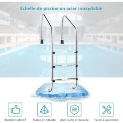 COSTWAY Échelle De Piscine à 3 Niveaux 147cm En Acier Inoxydable Avec Marches Antidérapantes Et Mains Courantes Confortables