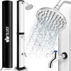 Tillvex Douche Solaire 35 Litres (Noir-Argent)) - Housse De Protection Incluse, Douche De Jardin Solaire - Douche De Jardin Chaude - Sans Raccordement électrique - Avec Robinet Et Pommeau De Douche De