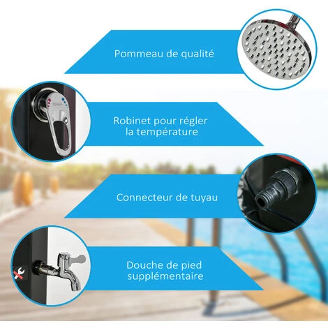 OUTSUNNY Douche Solaire D'extérieur Réservoir 35L Pression Max. 3,5 Bar - Mitigeur, Grand Pommeau Orientable, Robinet à Pieds - PVC ABS Noir 7 OUTSUNNY Douche Solaire D'extérieur Réservoir 35L Pression Max. 3,5 Bar - Mitigeur, Grand Pommeau Orientable, Robinet à Pieds - PVC ABS Noir – Image 5