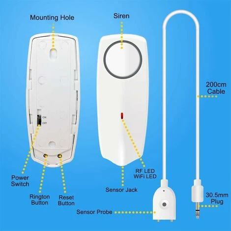 Capteur D'alarme D'eau Avec Détecteur De Fuite WiFi à Bruit Fort De 60 DB, Alarme De Fuite De Débordement, Leaker De Surveillance à Distance Pour Pompe à Eau Du Sous-Sol Du Chauffe-Eau 4 Capteur D'alarme D'eau Avec Détecteur De Fuite WiFi à Bruit Fort De 60 DB, Alarme De Fuite De Débordement, Leaker De Surveillance à Distance Pour Pompe à Eau Du Sous-Sol Du Chauffe-Eau – Image 2