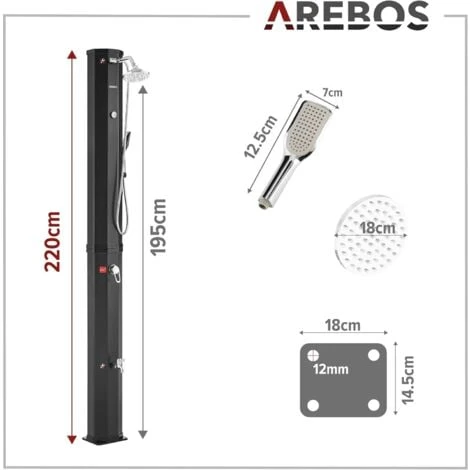 AREBOS Douche Solaire 60 L Avec Douchette & Thermomètre Jusqu'à 60°C Douche De PiscineHousse De Protection Incluse Noir 7 AREBOS Douche Solaire 60 L Avec Douchette & Thermomètre Jusqu'à 60°C Douche De PiscineHousse De Protection Incluse Noir – Image 5