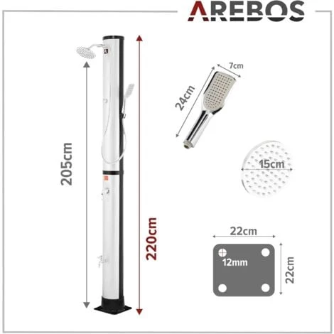 AREBOS Douche Solaire 40 L Avec Douchette & Thermomètre Température De L'eau Jusqu'à 60°C Douche De Piscine Camping Argent 7 AREBOS Douche Solaire 40 L Avec Douchette & Thermomètre Température De L'eau Jusqu'à 60°C Douche De Piscine Camping Argent – Image 5
