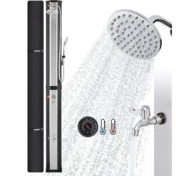 AREBOS Douche Solaire 60L Avec Douchette & Thermomètre Température De L'eau Jusqu'à 60°C Douche De Piscine Camping Noir/Argent