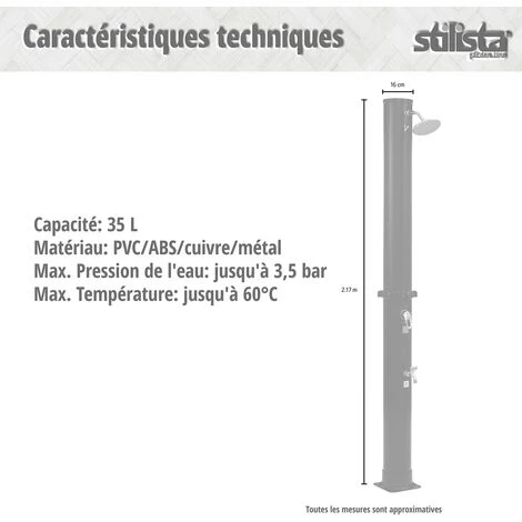 STILISTA Douche Solaire 35 L, Robinet, Raccord De Tuyau, élément De Sol En Option, Choix De Couleur, Argent/noir 6 STILISTA Douche Solaire 35 L, Robinet, Raccord De Tuyau, élément De Sol En Option, Choix De Couleur, Argent/noir – Image 4