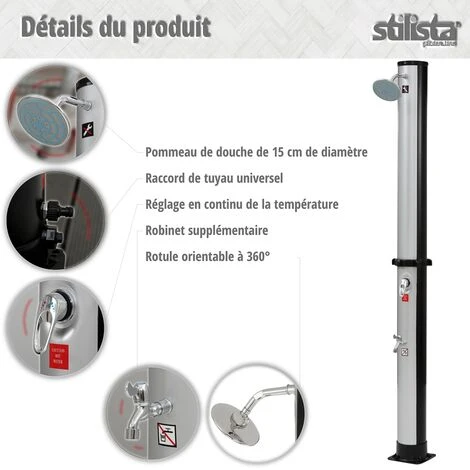 STILISTA Douche Solaire 35 L, Robinet, Raccord De Tuyau, élément De Sol En Option, Choix De Couleur, Argent/noir 7 STILISTA Douche Solaire 35 L, Robinet, Raccord De Tuyau, élément De Sol En Option, Choix De Couleur, Argent/noir – Image 5